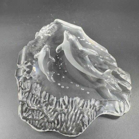 Vintage Clear Crystal Glass Plaque Paperweight Dolphins Figurine Decorative VTG - Picture 6 of 13